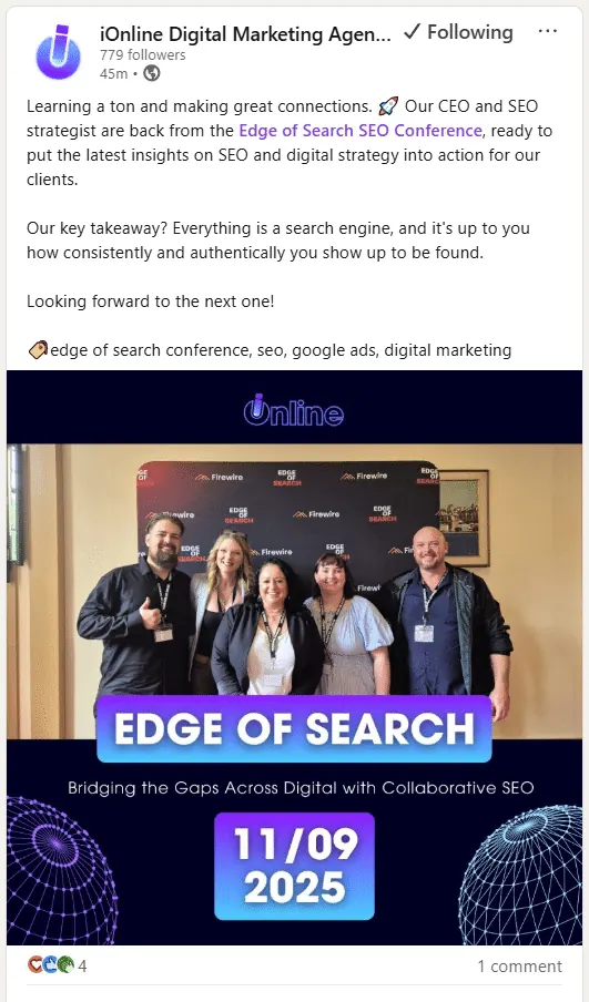 LinkedIn review of Edge of Search from iOnline Digital Marketing Agency