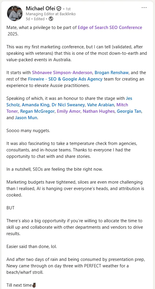 LinkedIn review of Edge of Search from Michael Ofei