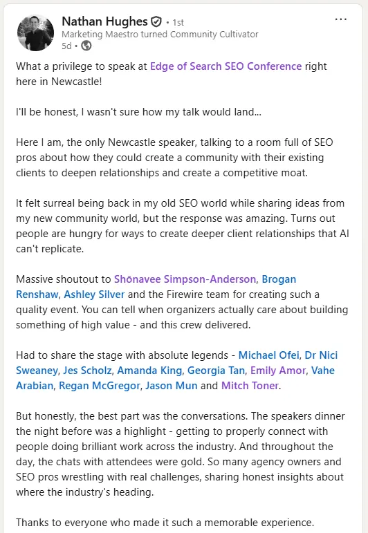 LinkedIn review of Edge of Search from Nathan Hughes