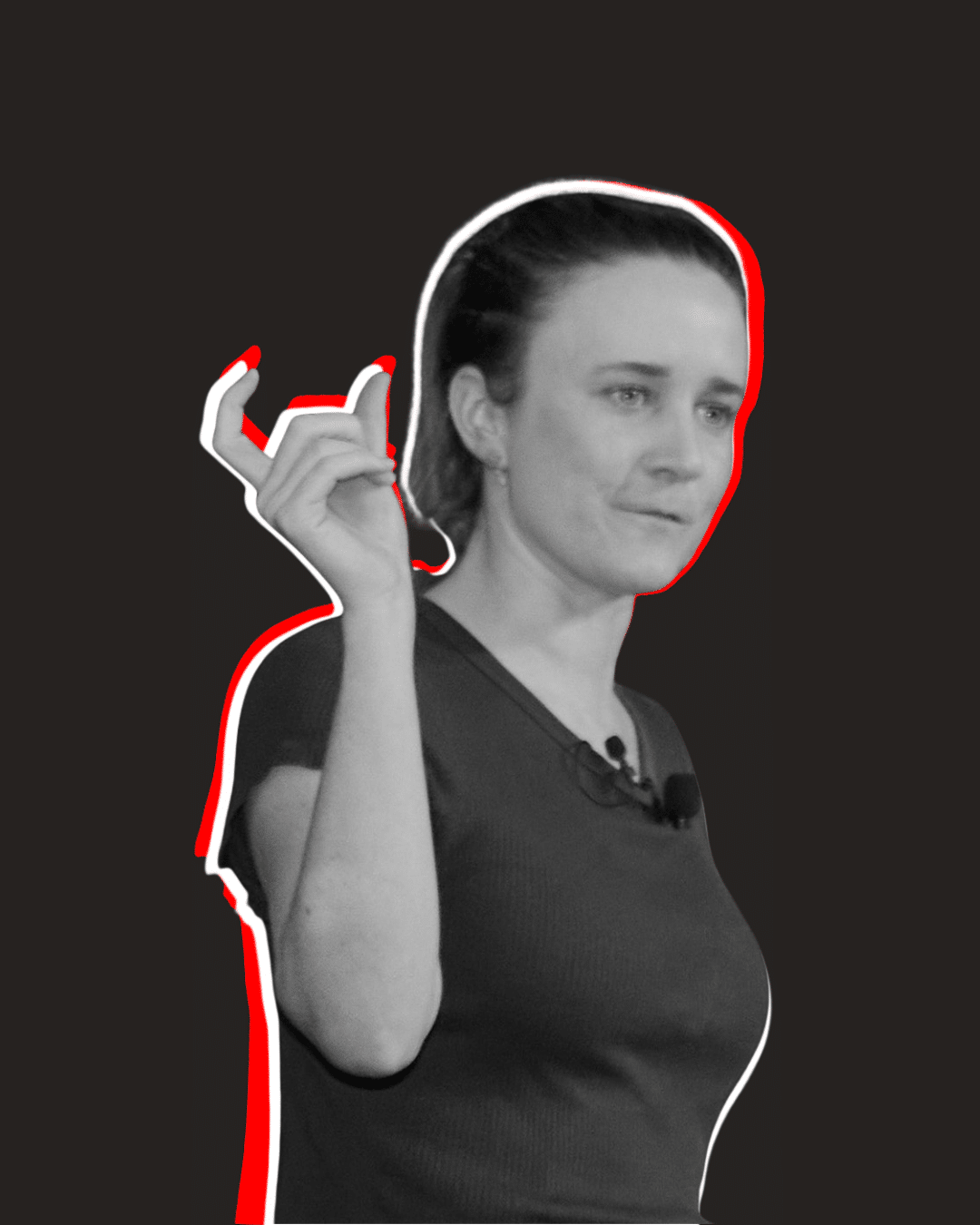 Sally Mills Headshot in black and white with white and red outline