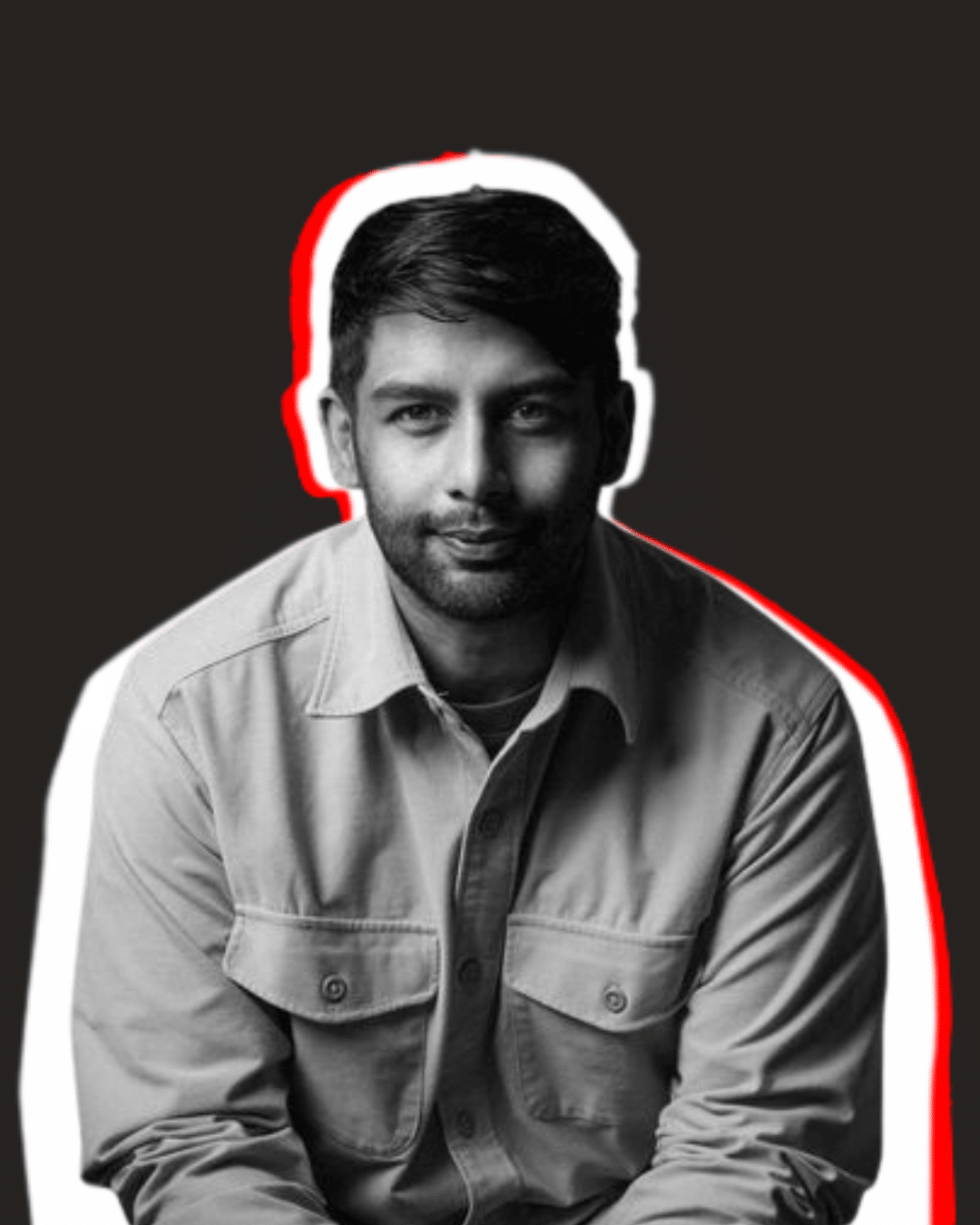 Luke Gosha Headshot in black and white with white and red outline